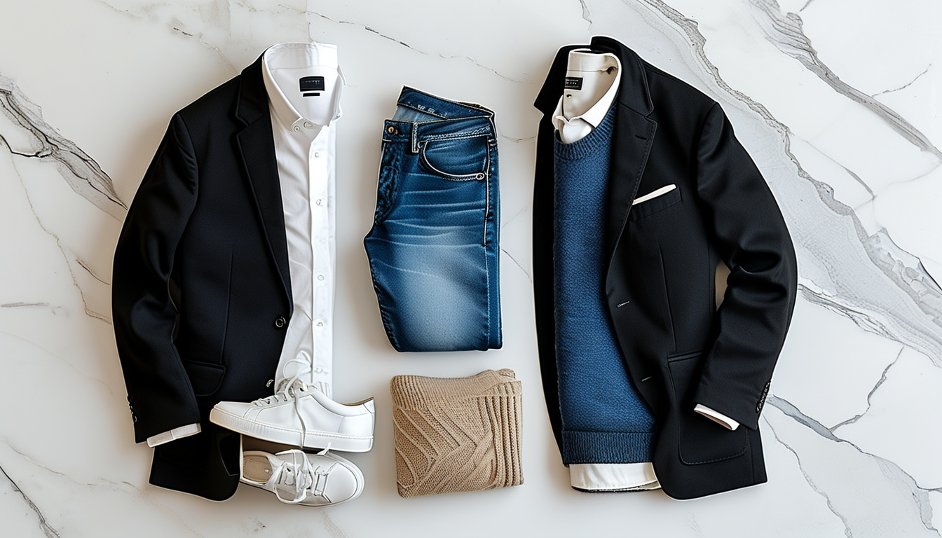 Timeless wardrobe essentials laid out flat